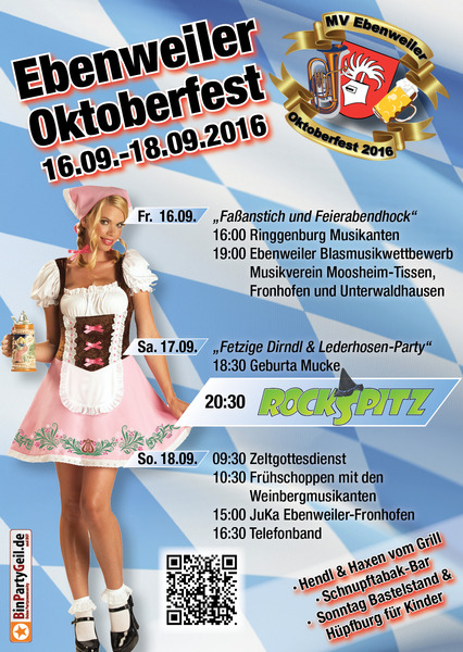 Party Flyer: Ebenweiler Oktoberfest 16.09. bis 18.09.2016 - MVE am 17.09.2016 in Ebenweiler